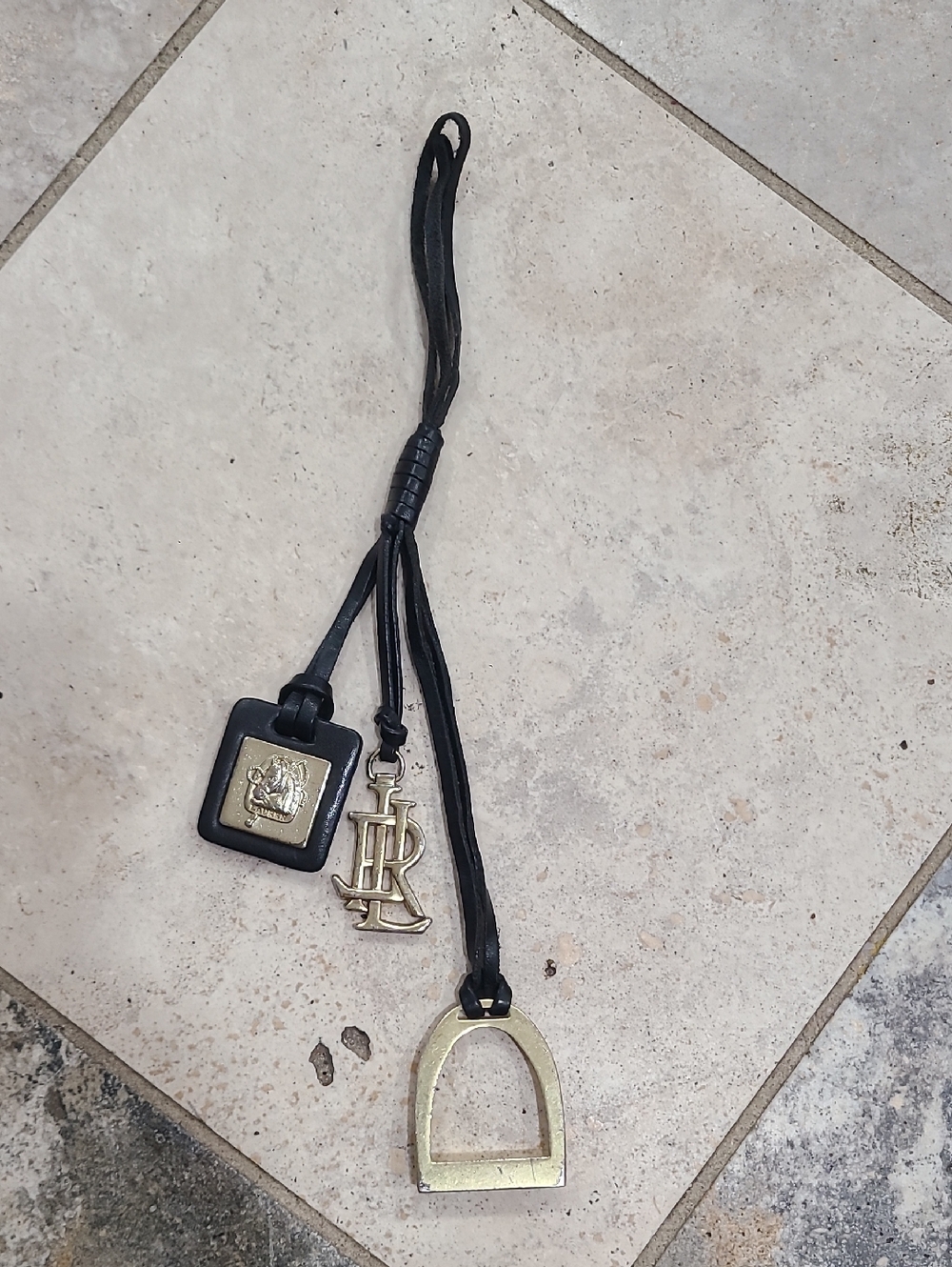 Ralph Lauren Black Leather Key & Charm Holder with Gold-Tone RL and Stirrup